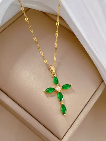 Collar Cruz Zircón Verde