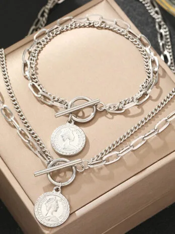 Set Collar + Pulsera Medalla Silver